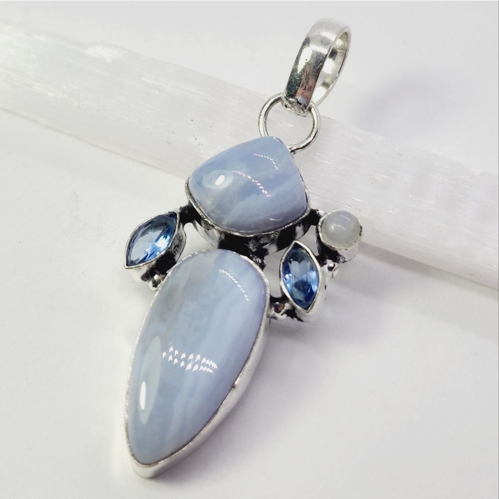 Boho Blue Lace Agate Sterling Silver Plated ~1.6" Gemstone pendant
